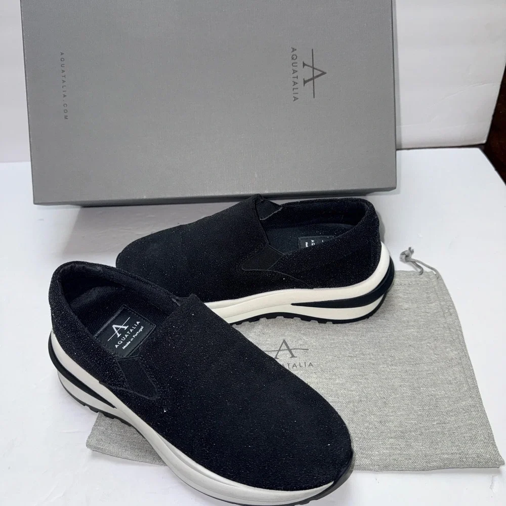 Aquatalia Leola Metallic‎ Suede Platform Slip On Sneakers Black L5019-BLK 5.5M